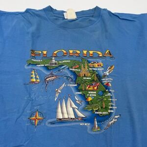 90s Vintage Hot Tees‎ Florida Map Graphic T Shirt XL Blue Single Stitch Souvenir